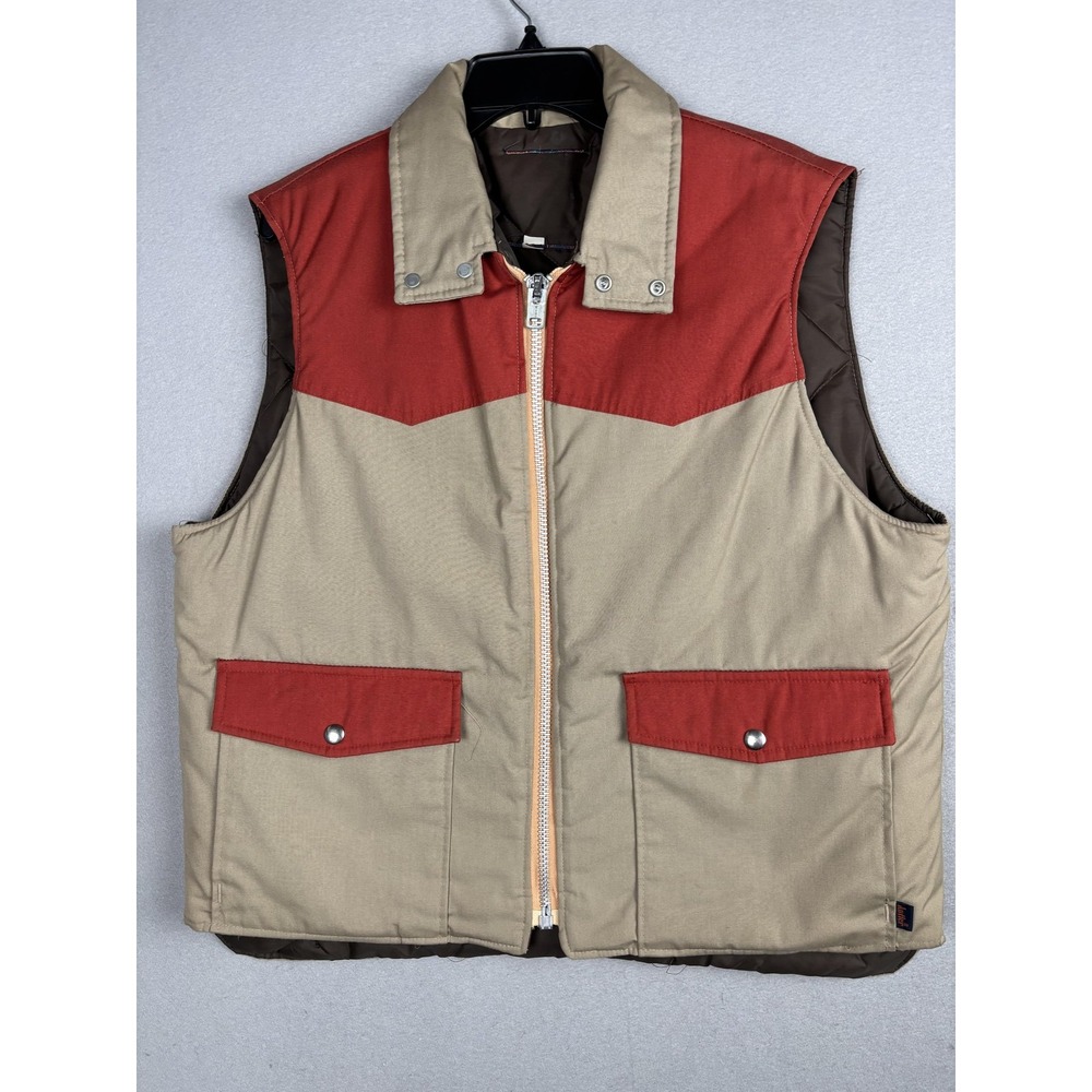 Vintage Western Vest Mens Large Tan Red Quilted Zip Snap Pockets Made USA 80s